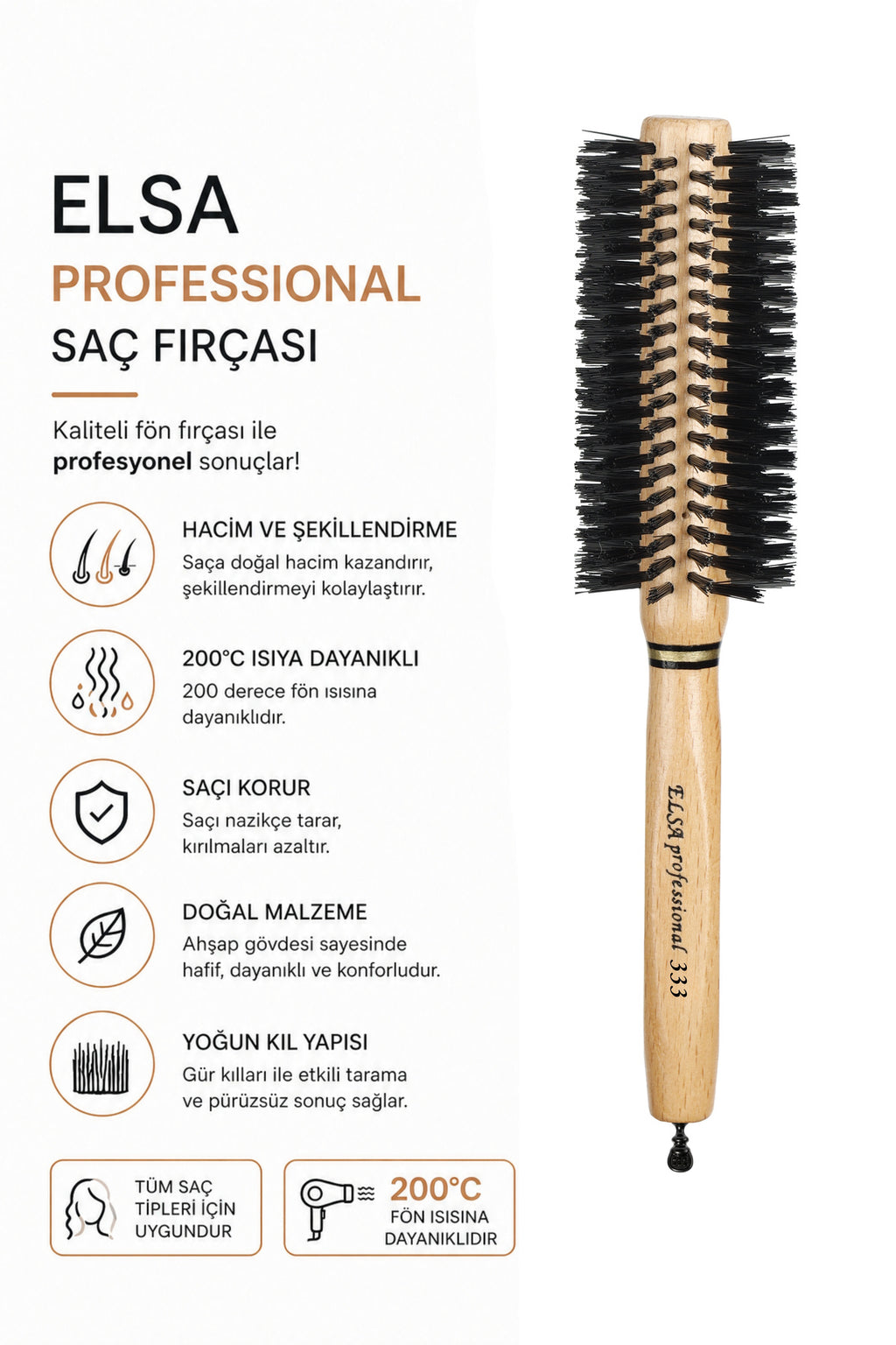 Professional 333 Natürel Tokalı Saç Fırçası 48 mm – Profesyonel Fön Fırçası