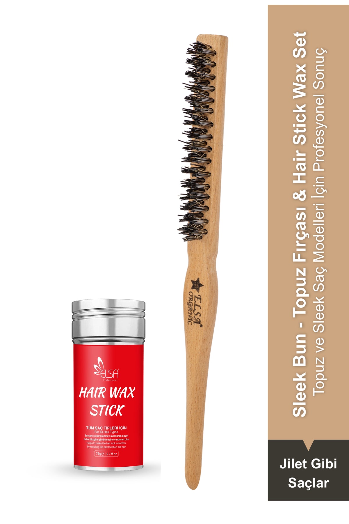 Professional Hair Wax Stick 75gr - Saç Sabitleyici ve Organik Topuz Fırçası Sleek Bun 2'li Set