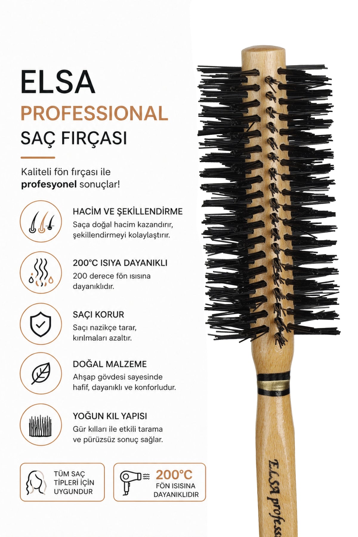 Professional 191 Natürel Saç Fırçası 46 mm – Profesyonel Fön Fırçası, Hacim Veren Yuvarlak Saç Fırçası