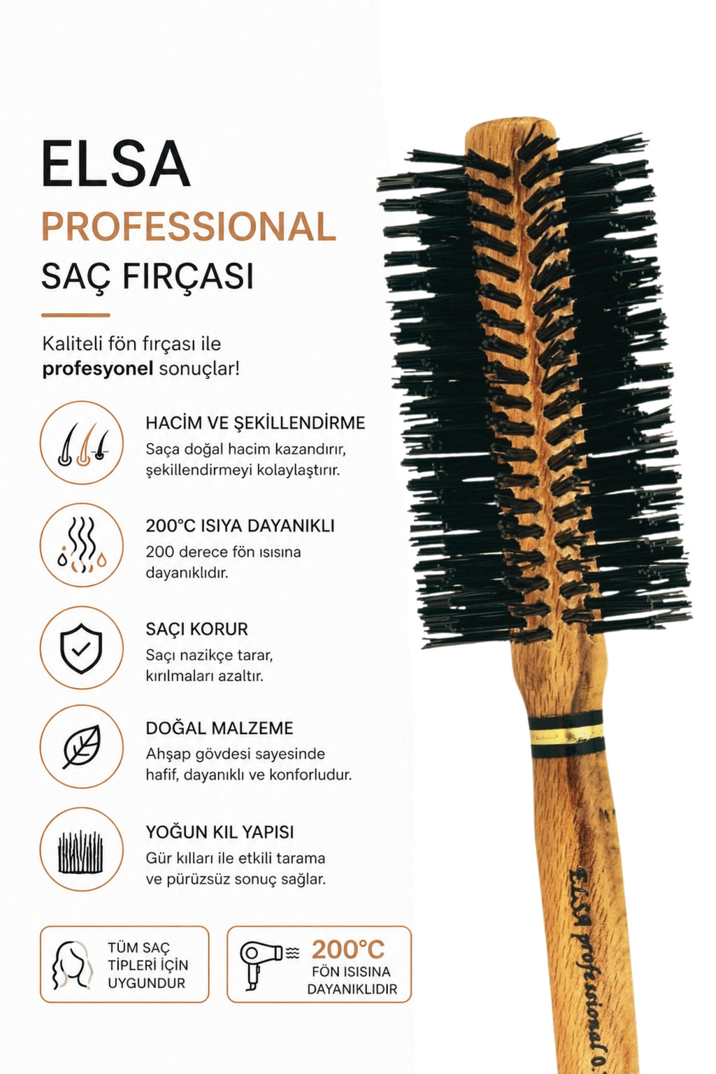 Elsa Professional 0.71 Natürel Saç Fırçası 58 mm – Profesyonel Fön Fırçası, Hacim Veren Yuvarlak Saç Fırçası