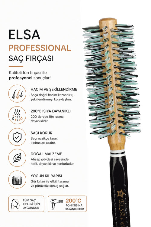 Elsa Professional 1929C Natürel Saç Fırçası 41 mm – Profesyonel Fön Fırçası, Hacim Veren Yuvarlak Saç Fırçası