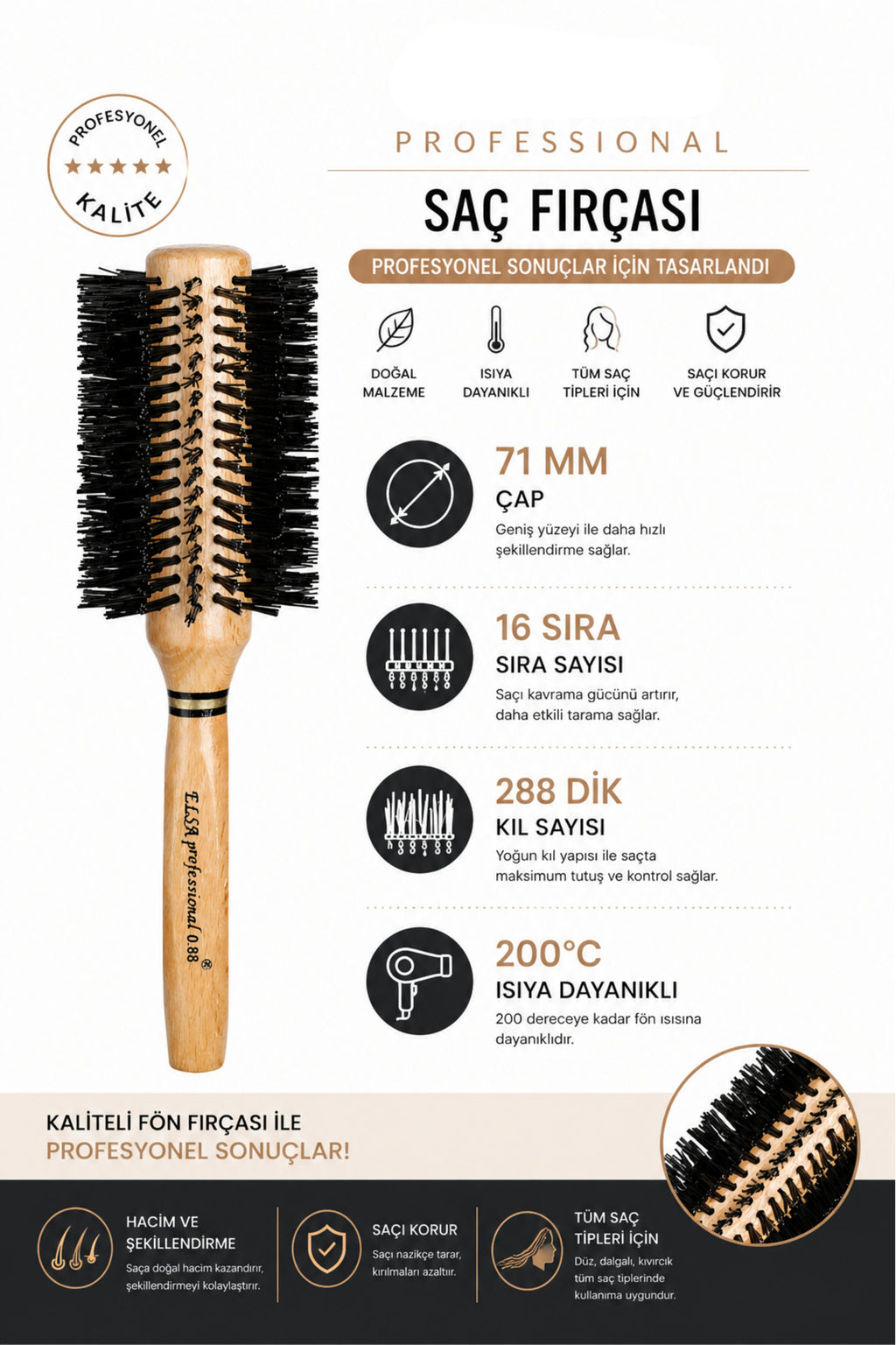Elsa Professional 0.88 Natürel Saç Fırçası 71 mm – Profesyonel Fön Fırçası, Hacim Veren Yuvarlak Saç Fırçası