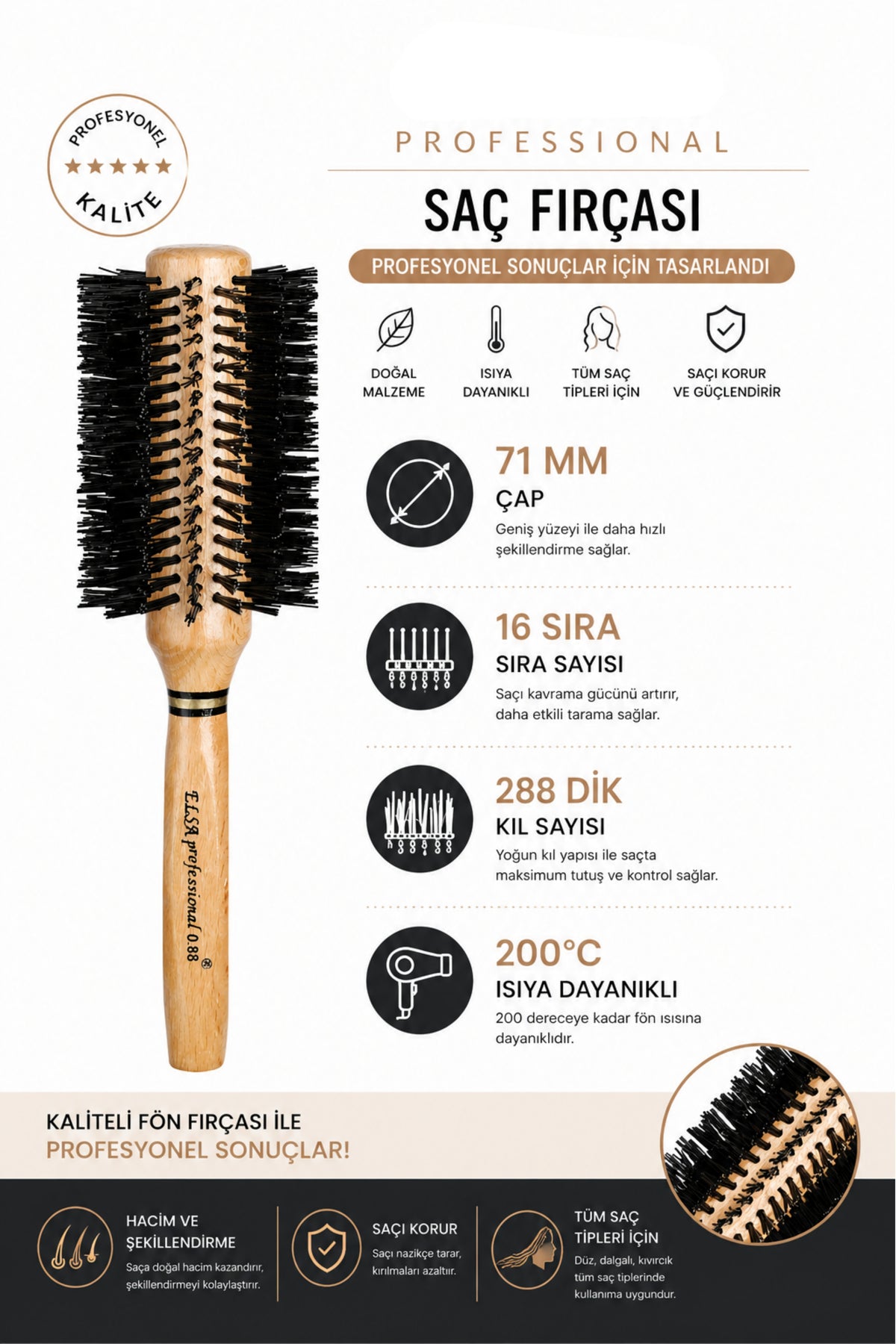 Elsa Professional 0.88 Natürel Saç Fırçası 71 mm – Profesyonel Fön Fırçası, Hacim Veren Yuvarlak Saç Fırçası