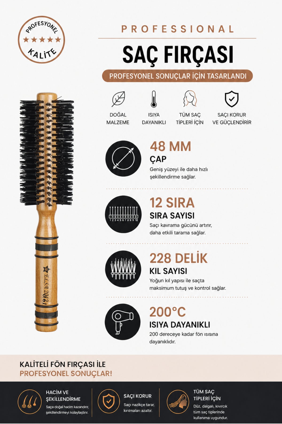 Professional 2012 Natürel Saç Fırçası 48 mm – Profesyonel Fön Fırçası, Hacim Veren Yuvarlak Saç Fırçası