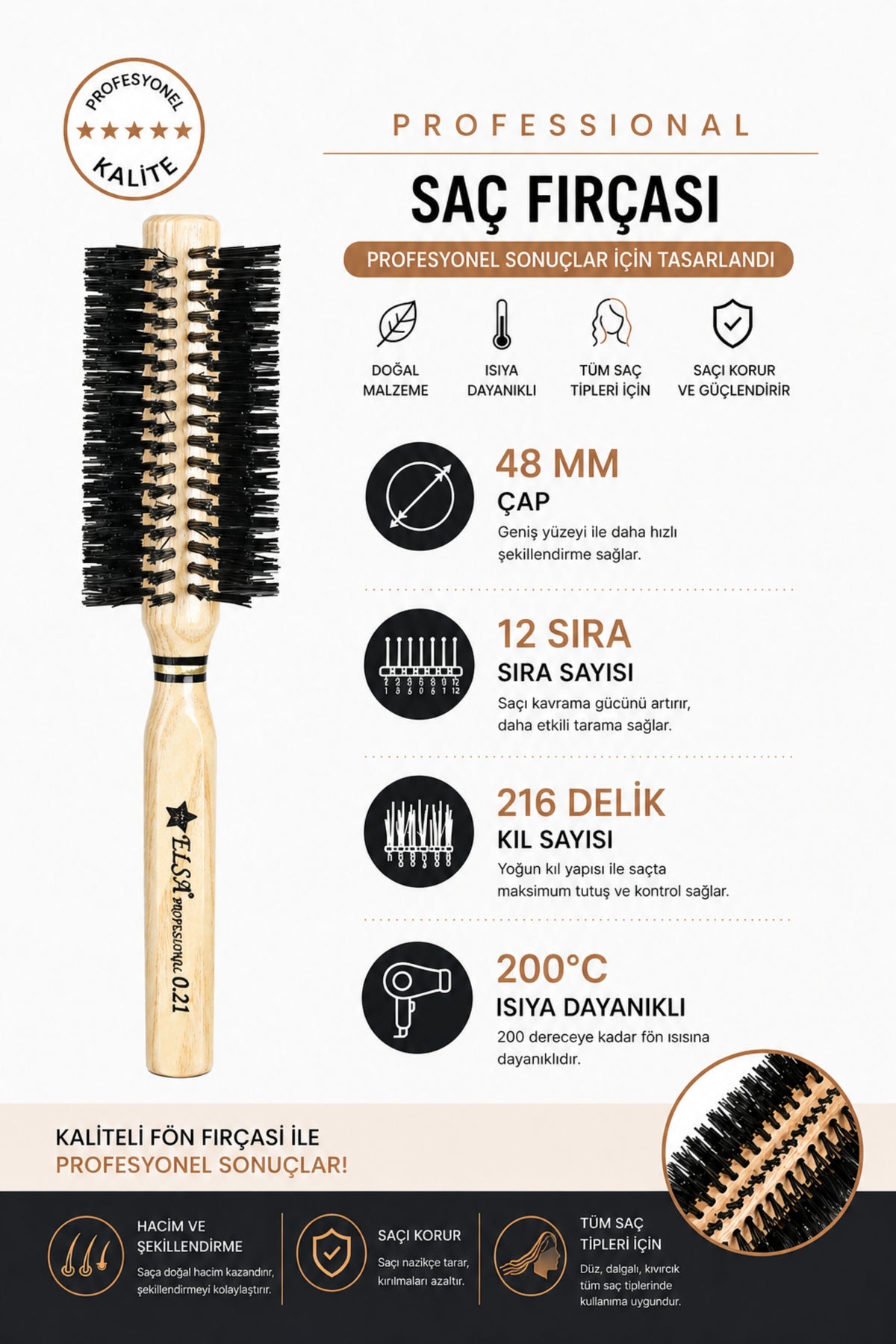 Professional 0.21 Natürel Saç Fırçası 48 mm – Profesyonel Fön Fırçası, Hacim Veren Yuvarlak Saç Fırçası