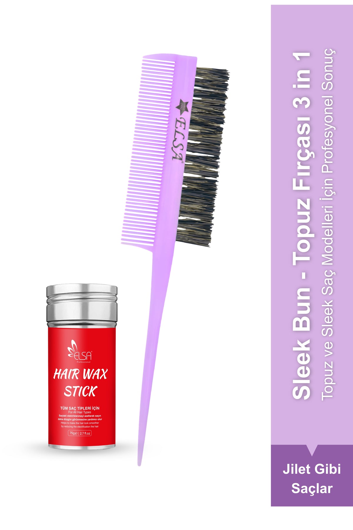 Professional Hair Wax Stick 75gr - Saç Sabitleyici ve 3 in 1 Topuz Fırçası Sleek Bun 2'li Set