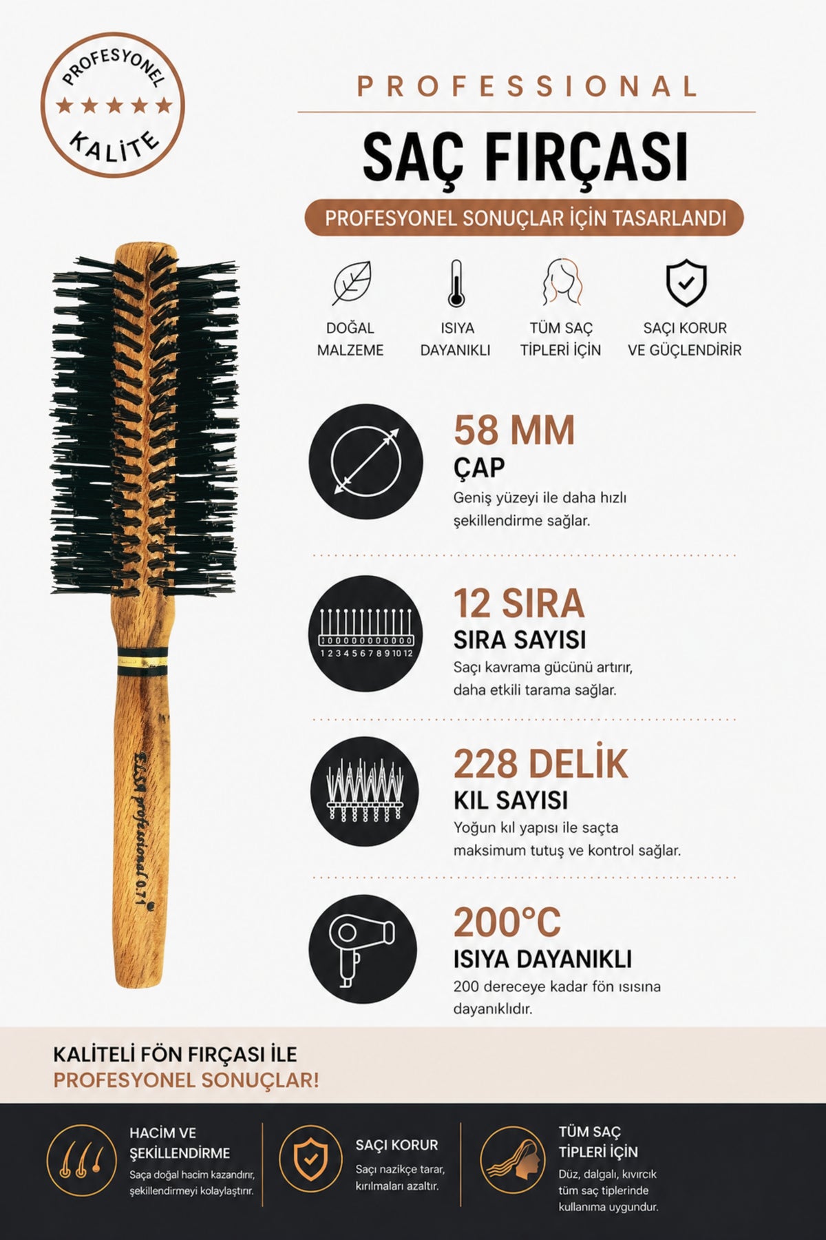 Elsa Professional 0.71 Natürel Saç Fırçası 58 mm – Profesyonel Fön Fırçası, Hacim Veren Yuvarlak Saç Fırçası