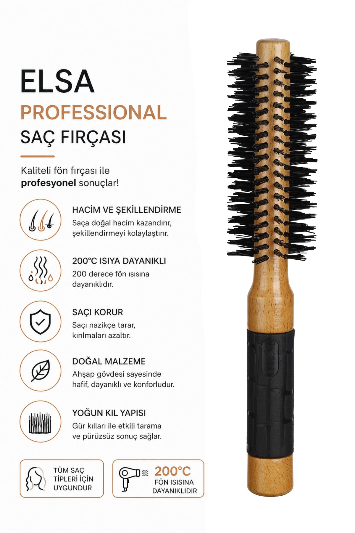 Professional 502 Natürel Saç Fırçası 36 mm – Profesyonel Fön Fırçası, Hacim Veren Yuvarlak Saç Fırçası
