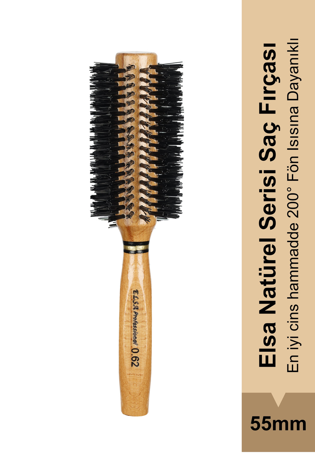 Elsa Professional 0.62 Natürel Saç Fırçası 55 mm – Profesyonel Fön Fırçası, Hacim Veren Yuvarlak Saç Fırçası