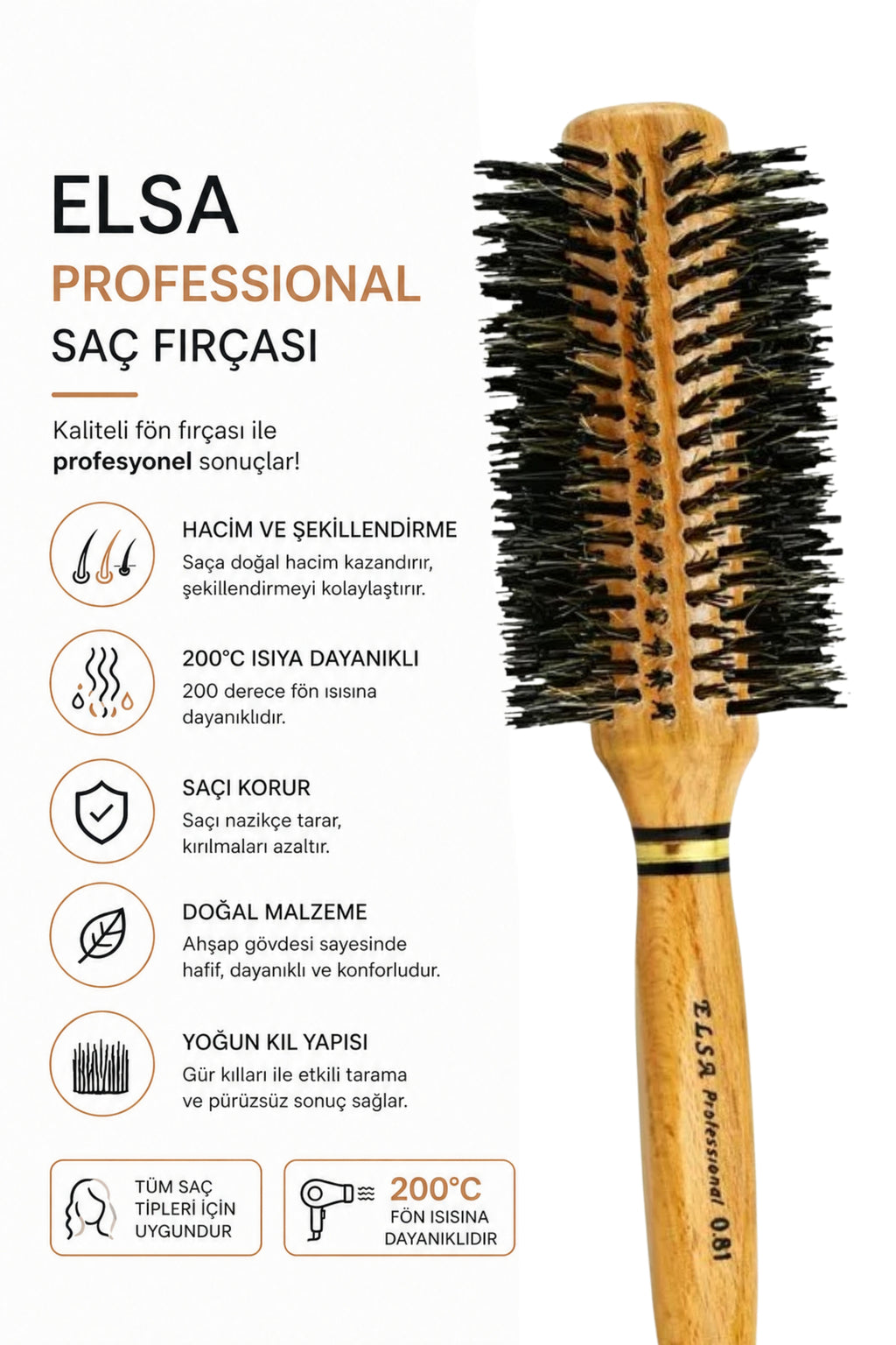Professional 0.81 Natürel Saç Fırçası 48 mm – Profesyonel Fön Fırçası, Hacim Veren Yuvarlak Saç Fırçası
