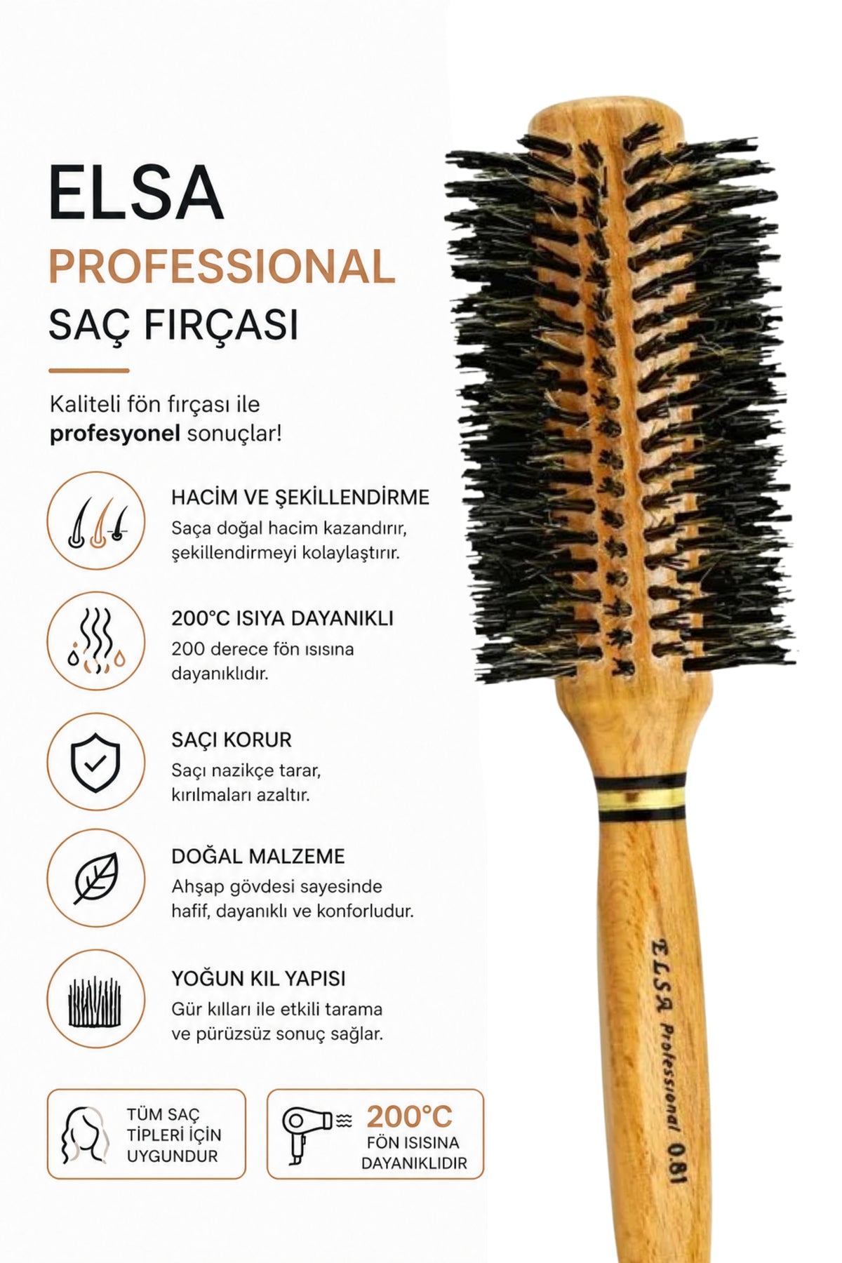 Professional 0.81 Natürel Saç Fırçası 48 mm – Profesyonel Fön Fırçası, Hacim Veren Yuvarlak Saç Fırçası