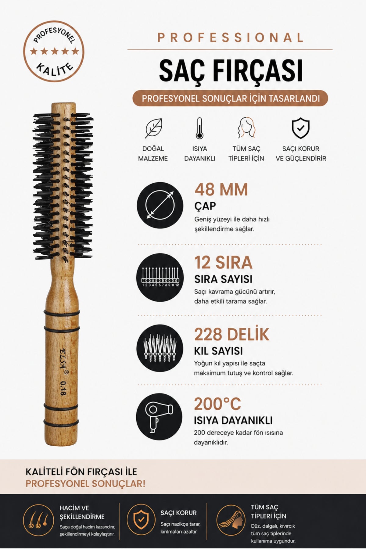 Professional 0.18 Natürel Kırçıllı Saç Fırçası 48 mm – Profesyonel Fön Fırçası, Hacim Veren Yuvarlak Saç Fırçası