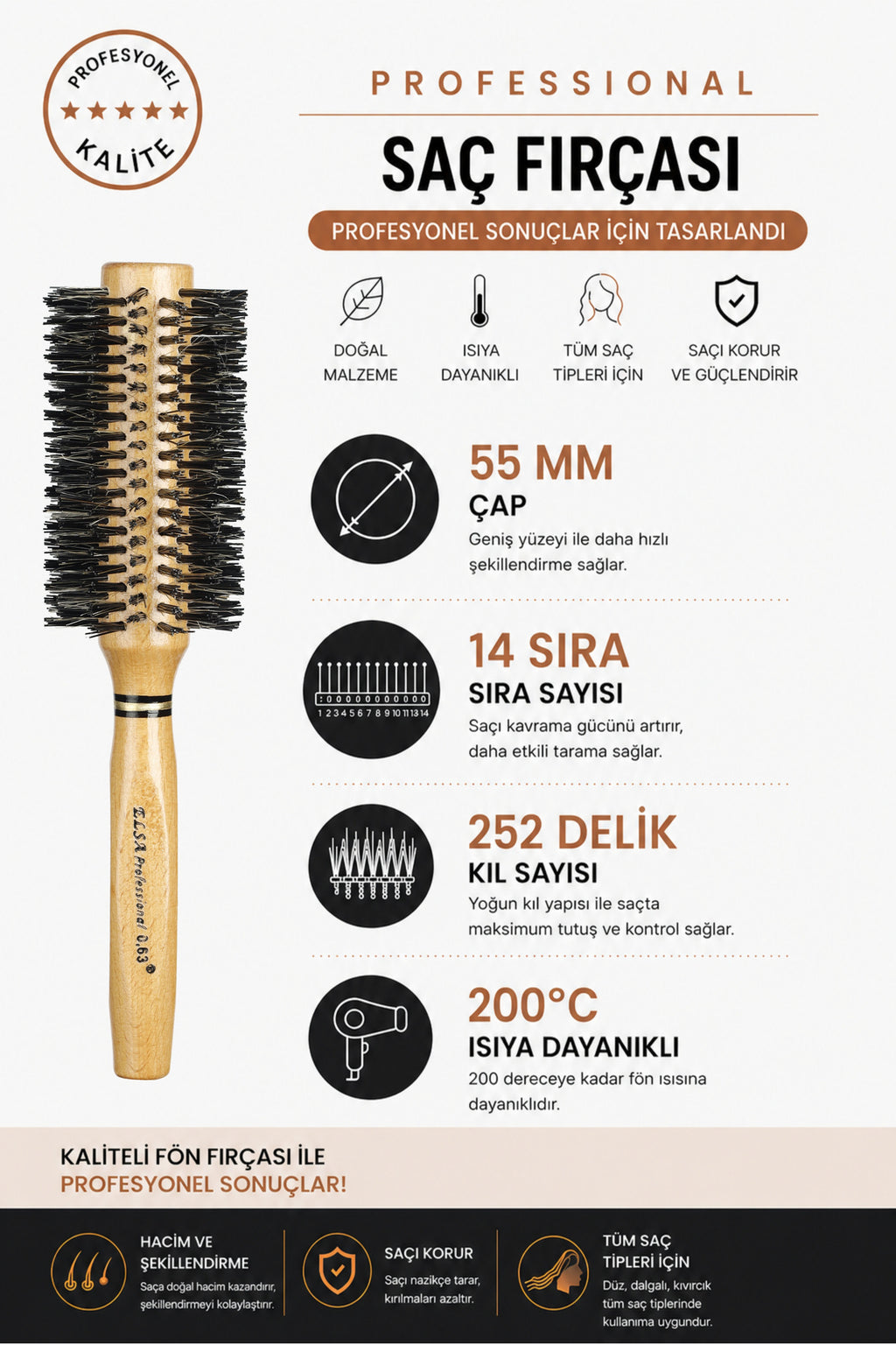 Professional 0.63 Natürel Saç Fırçası 55 mm – Profesyonel Fön Fırçası, Hacim Veren Yuvarlak Saç Fırçası