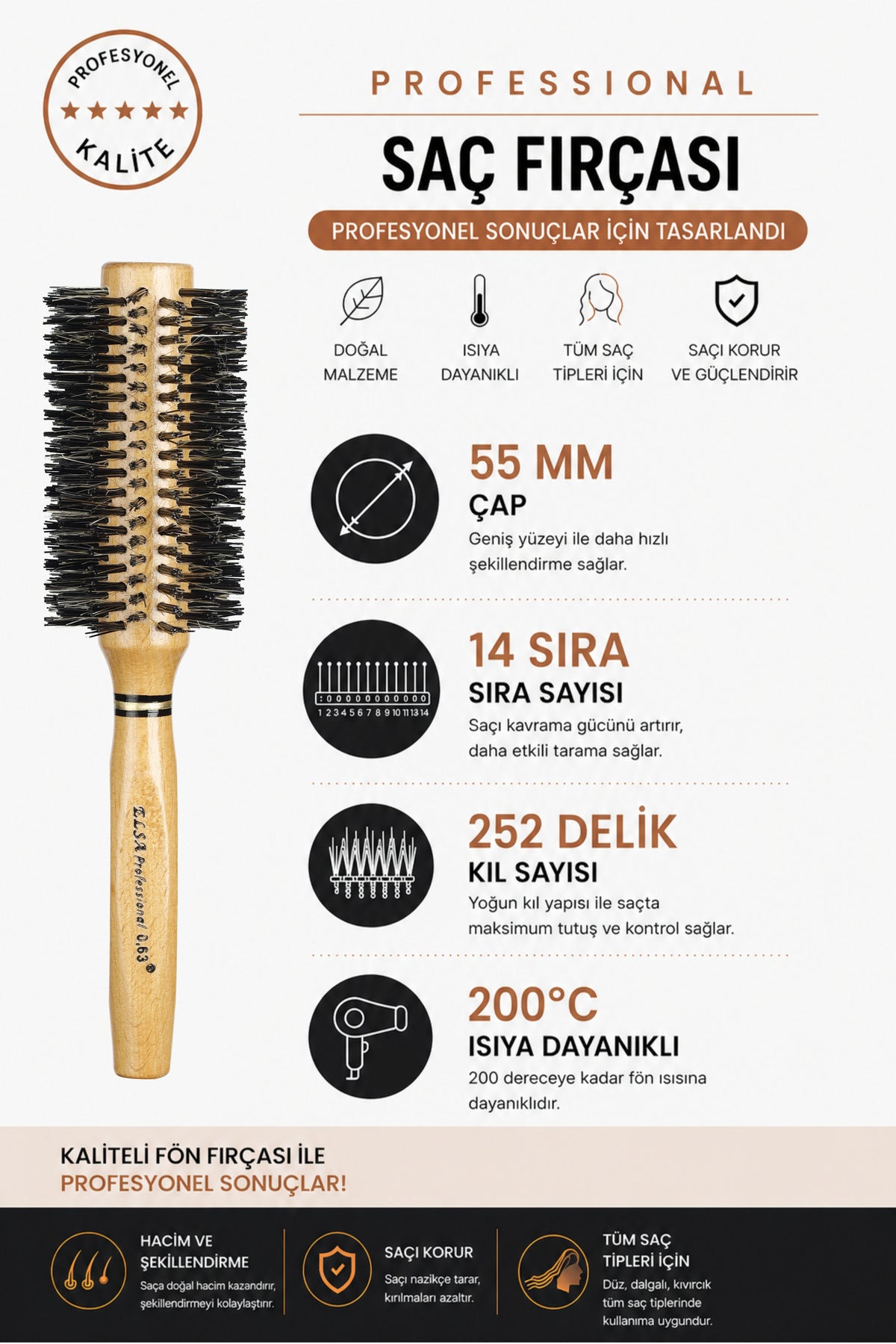 Professional 0.63 Natürel Saç Fırçası 55 mm – Profesyonel Fön Fırçası, Hacim Veren Yuvarlak Saç Fırçası