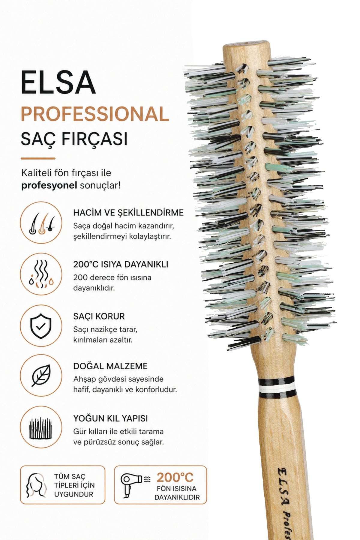 Elsa Professional 0.51 Natürel Saç Fırçası 41 mm – Profesyonel Fön Fırçası, Hacim Veren Yuvarlak Saç Fırçası