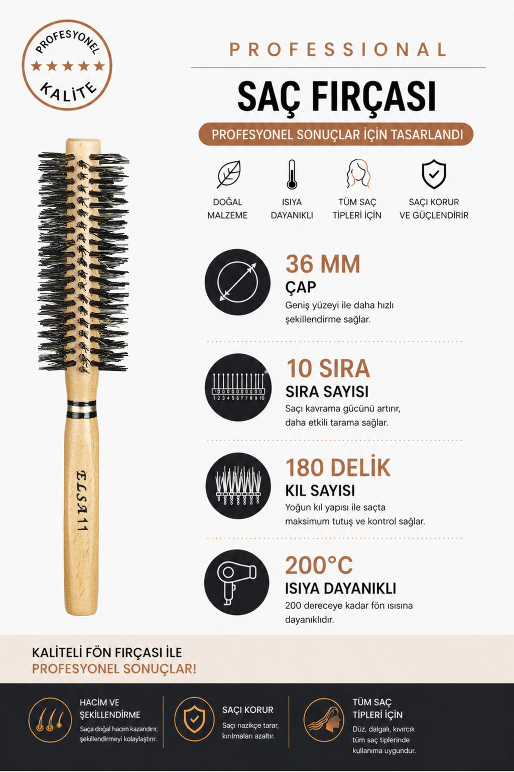Professional 11 Natürel Kırçıllı Saç Fırçası 36 mm – Profesyonel Fön Fırçası, Hacim Veren Yuvarlak Saç Fırçası
